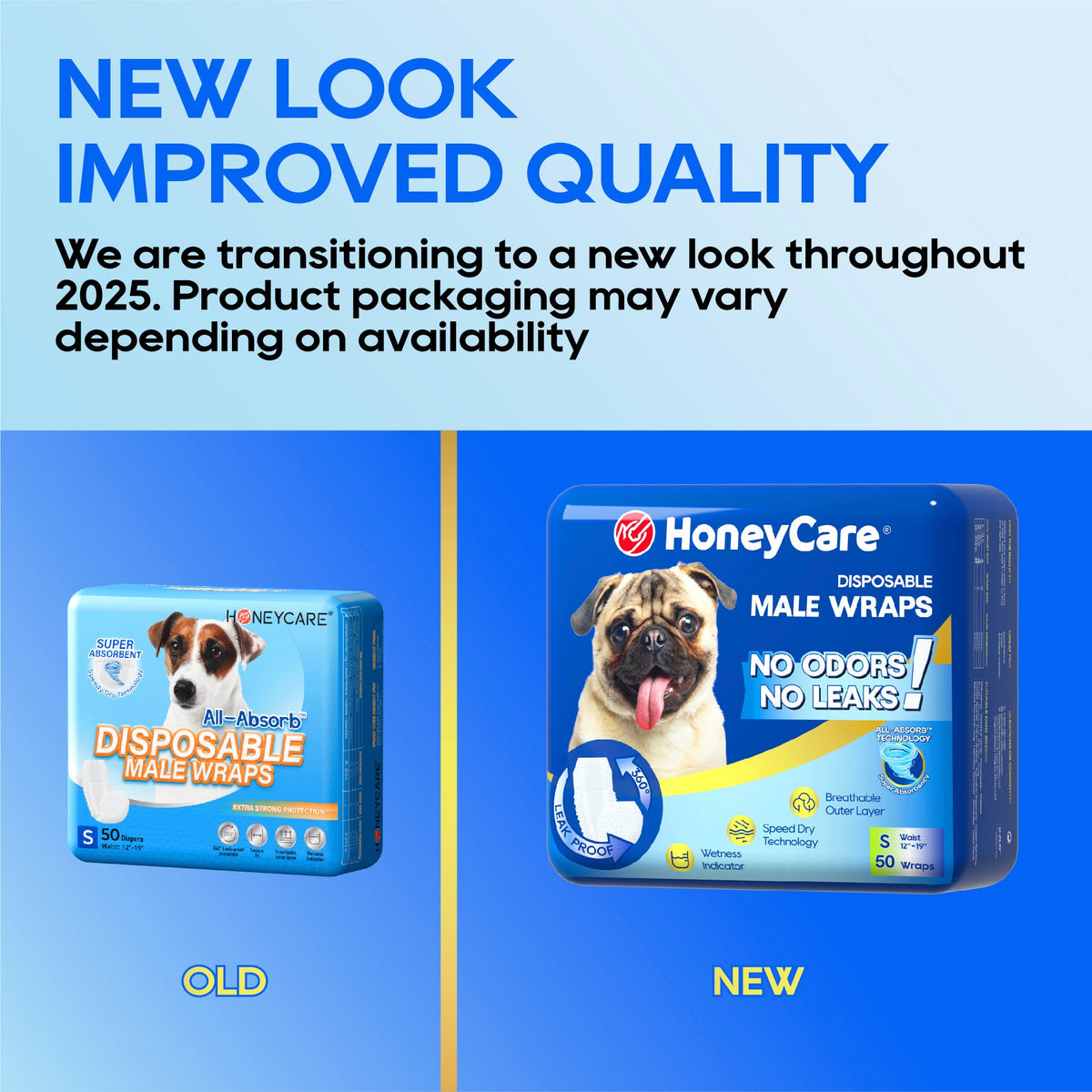 Comparison of old and new HoneyCare disposable male wraps packaging on a blue background with text about product transition.