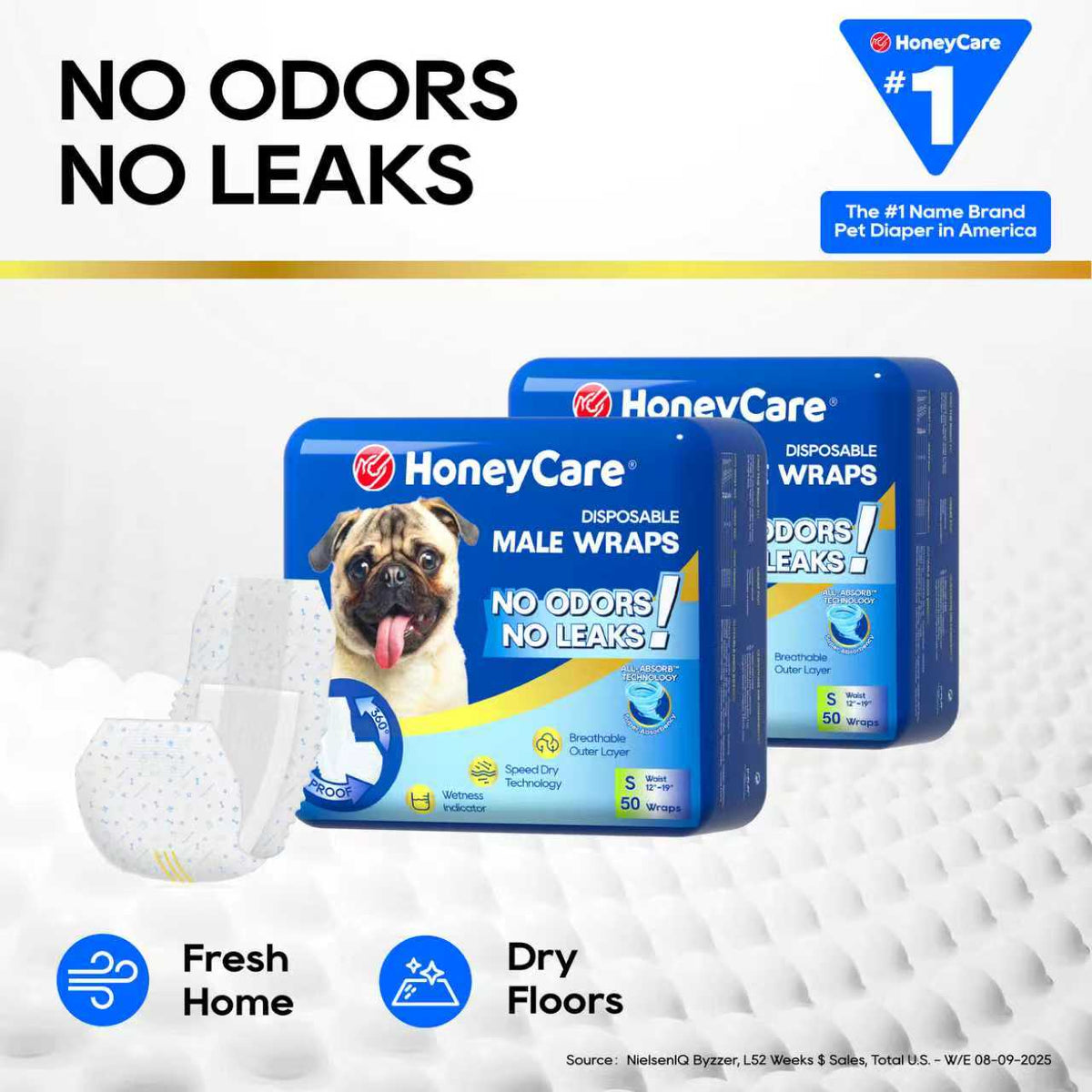 HoneyCare disposable male wraps packaging with a dog on a white background