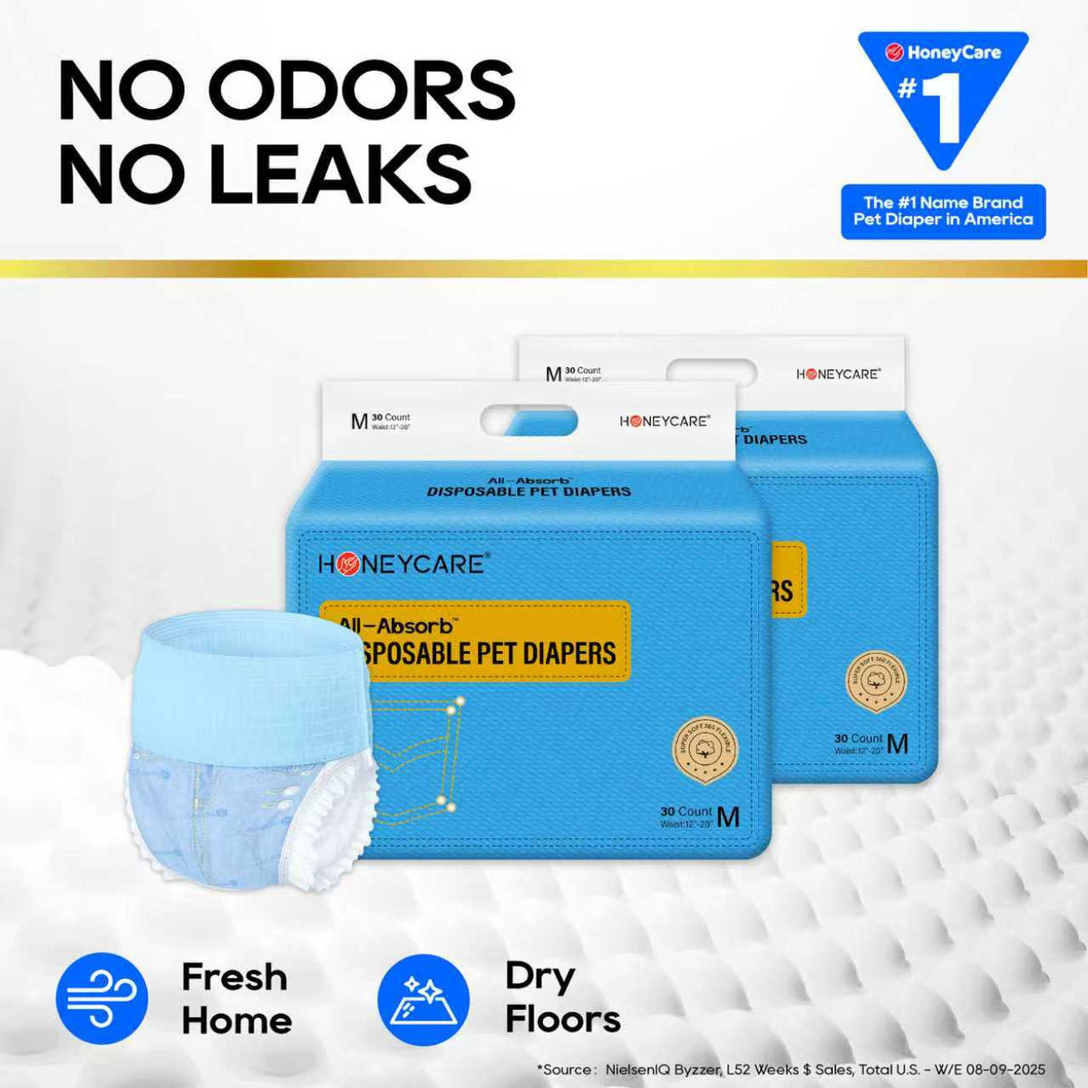 Honeycare disposable pet diapers packaging with text 'No Odors No Leaks' on a white background.
